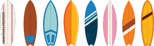 Variety of colorful surfboards lined up on beach, equipment for surfing ocean waves, summer water sport, beach lifestyle