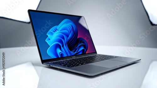 Modern Silver Laptop Open on a White Table with a Soft Light Background Closeup Side View of Keyboard and Screen Display.