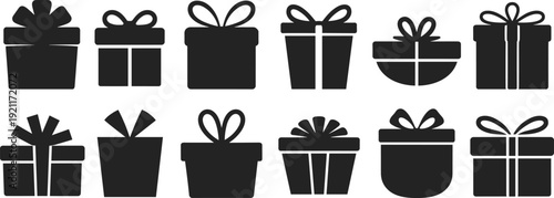 Gift box silhouettes set, present package icons with ribbon and bow isolated black vector collection on white background
