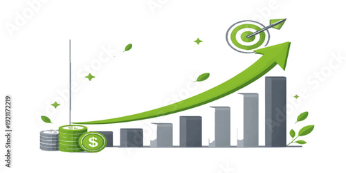 An eco-friendly business growth concept illustration featuring a green dollar graph integrated with a budding leaf and tree symbol to represent sustainable bio design and environmental success