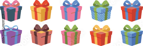 Colorful isometric gift boxes with ribbons collection for birthdays holidays celebrations and special occasions isolated on transparent