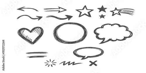 Hand drawn arrows and speech bubbles set vector icons