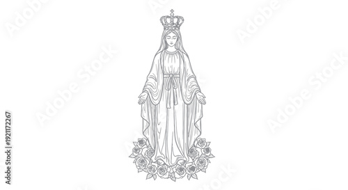 Virgin Mary Statue Drawing with Roses and Crown