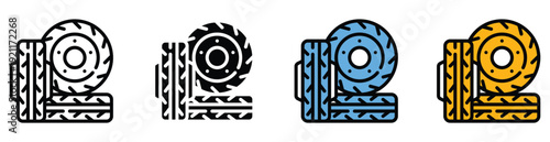 Set of colorful brake disc icons in different colors and styles