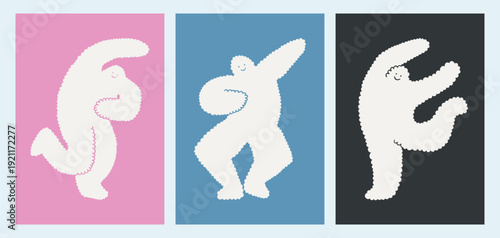 Illustration of white clouds on pink, blue, black background. Human or yeti bigfoot dancing character, cloud shape mascot poster set. Cloud dancer and blue colors. Print for kids, banner design. Cloud