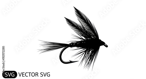 Black Fishing Fly Silhouette Isolated on White Background