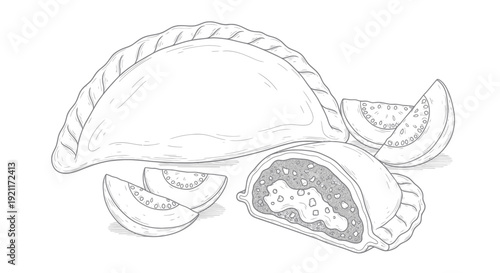 Hand-drawn Illustration of Empanadas with Sliced Tomatoes