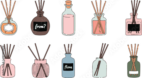 Collection of cute cartoon reed diffusers in various bottles with flower and text labels