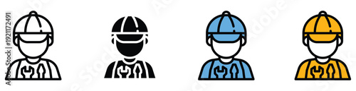 Workers in different colored uniforms and hard hats for industry