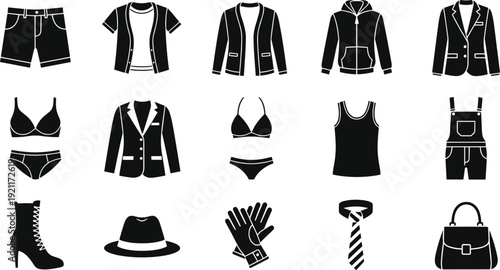 Black silhouette collection of elegant women dresses, fashion set of evening gowns, cocktail dress icons, formal apparel for party and wedding, vector illustration