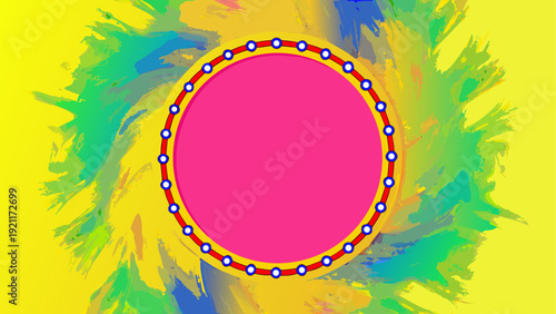 Vibrant geometric design featuring a pink oval surrounded by colorful abstract shapes