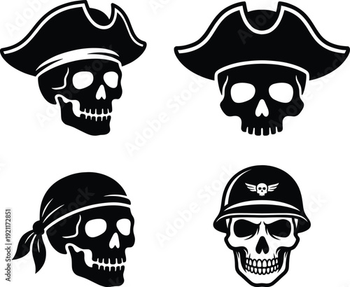 Pirate skull icons set skeleton face silhouette illustration, danger symbol tattoo vector