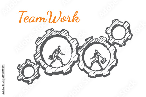 Team connecting plug to power source together, pulling light bulb. Concept of teamwork, synergy and shared success. Lettering TeamWork.