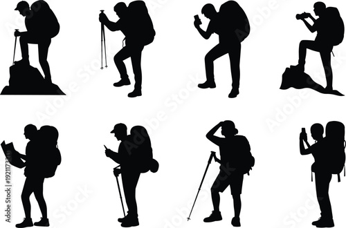 Hiker and backpacker silhouettes set, trekking tourists with backpack, camera, map and walking sticks isolated black vector collection