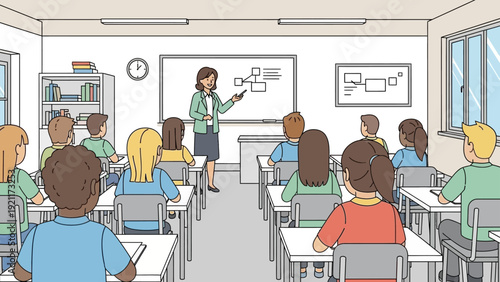 diverse elementary students engaged in classroom learning listening to a female teacher explain a whiteboard diagram illustrating education.