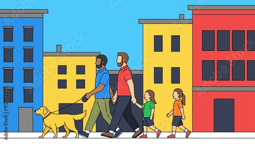 diverse family two men two children golden retriever walking on city street illustrating modern inclusive family and community.