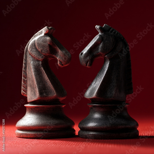 Two dark wooden chess knights facing each other on red background