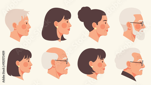 diverse generation profiles vector illustrations depicting men and women of various ages ideal for demographic research topics.