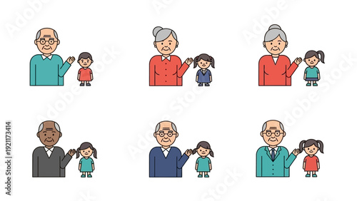 diverse grandparents and grandchildren illustrating intergenerational family bonds and care for demographic and social themes.