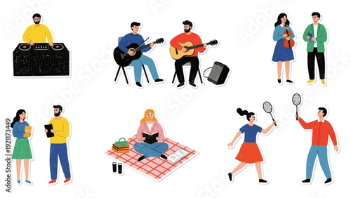 diverse group of people enjoying various hobbies and leisure activities including music reading outdoors and playing badminton.