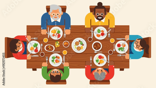 diverse group of happy people enjoying a shared healthy meal around a wooden table top view illustrating family community and connection.