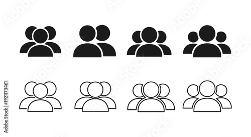 diverse group of people icons displaying solid and outline styles for user profiles teams and social networks in web and app design.