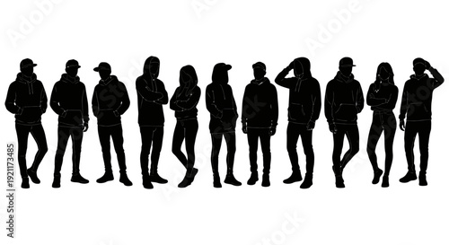 diverse group of young people silhouettes standing embodying modern urban streetwear and youth culture ideal for fashion or design projects.