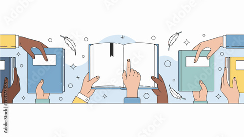 diverse hands holding and sharing books pointing to an open blank book symbolizing inclusive education and shared knowledge.