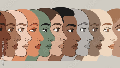 diverse human faces in profile showcasing varied skin tones symbolizing unity equality and multiculturalism for social inclusion.