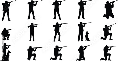 Hunter silhouettes set with rifle and dog, hunting men aiming in standing and kneeling poses isolated black vector