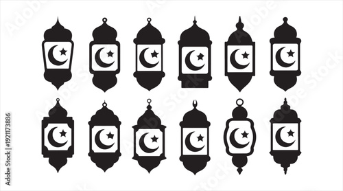 Islamic Holiday Lantern Icon Set Isolated Minimal Black Illustration