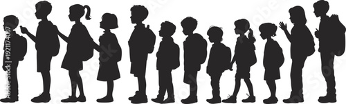 Line of school children silhouettes with backpacks, black kids standing isolated on white background education concept illustration set