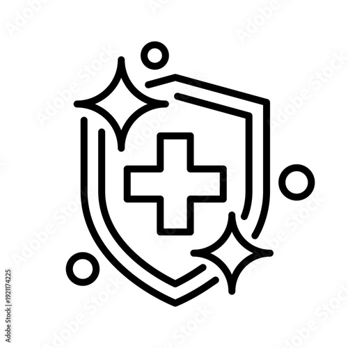 Health protection line icons set. Medical and pharmaceutical, treatment, prevention, sterile, medically sterile, medical cross with clean shiny surface symbol, logo, label, badge. Vector illustration.