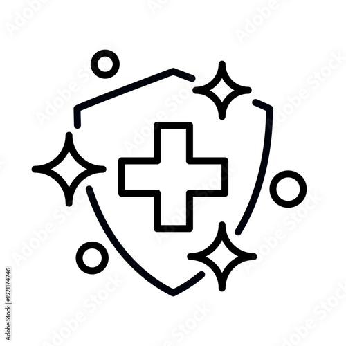 Health protection line icons set. Medical and pharmaceutical, treatment, prevention, sterile, medically sterile, medical cross with clean shiny surface symbol, logo, label, badge. Vector illustration.