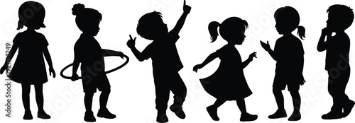 Little children silhouettes collection, boys and girls playing dancing and posing, cute kid character illustration set isolated on white background