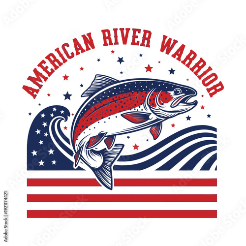 A patriotic illustration of an American River Warrior with a fish tshirt design