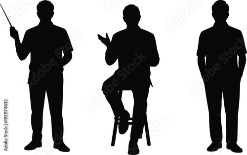 Male teacher silhouettes collection, standing and sitting instructor poses with pointer teaching presentation, education concept illustration isolated on white background