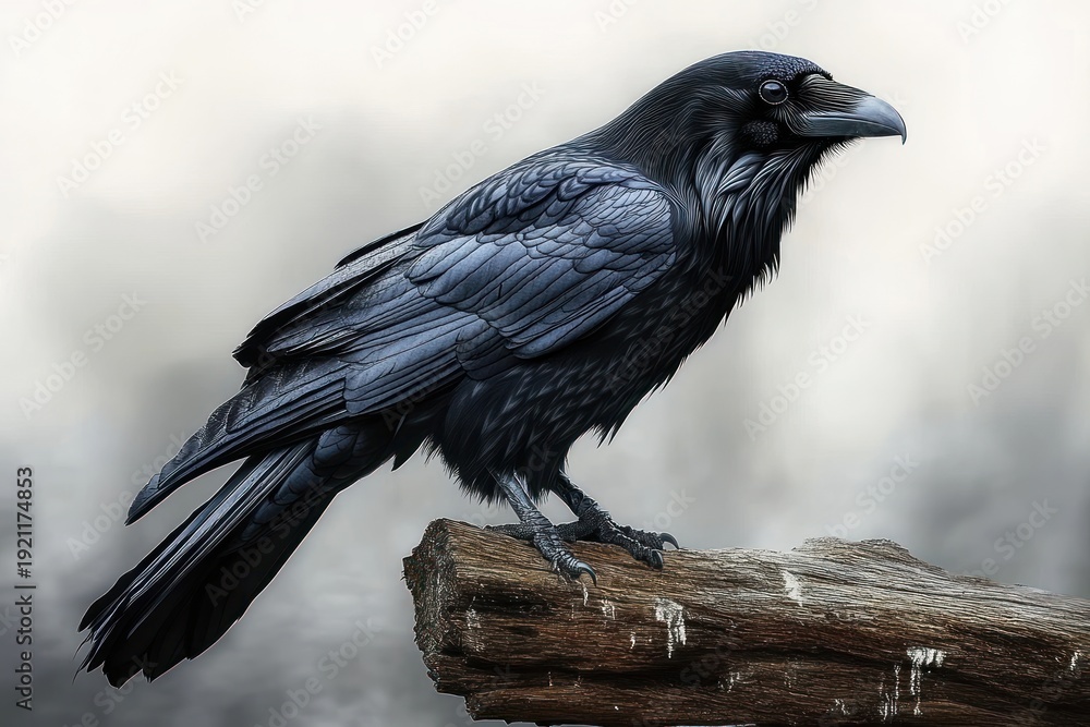 Fototapeta premium black raven perched on a weathered wooden log against a misty gray background, watchful and mysterious
