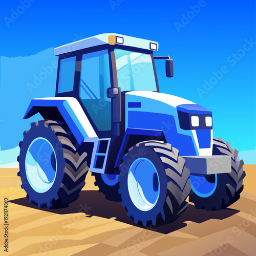 Blue modern tractor working on sunny farm field vector illustration flat design scalable graphic