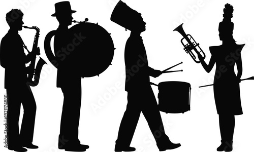 Marching band musicians silhouettes playing instruments, black parade performers isolated on white background music illustration set