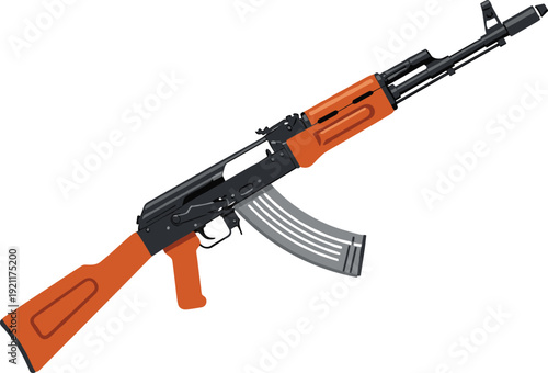 Assault rifle illustration with wooden stock and curved magazine isolated on white background for military defense gaming and weapon design concepts
