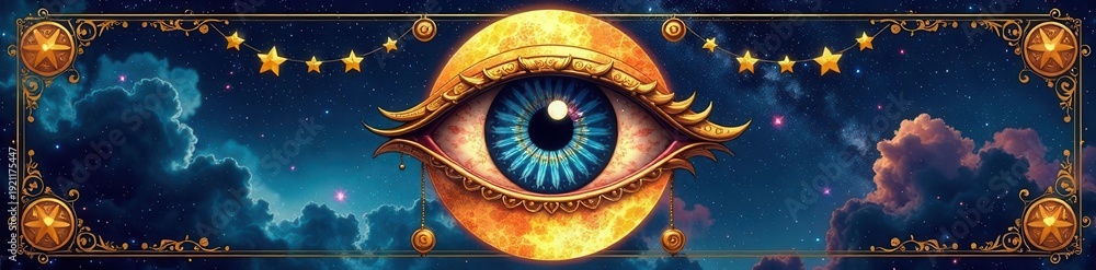Fototapeta premium Celestial eye and moon tarot card design, sacred geometry patterns, eye, background, esoteric art
