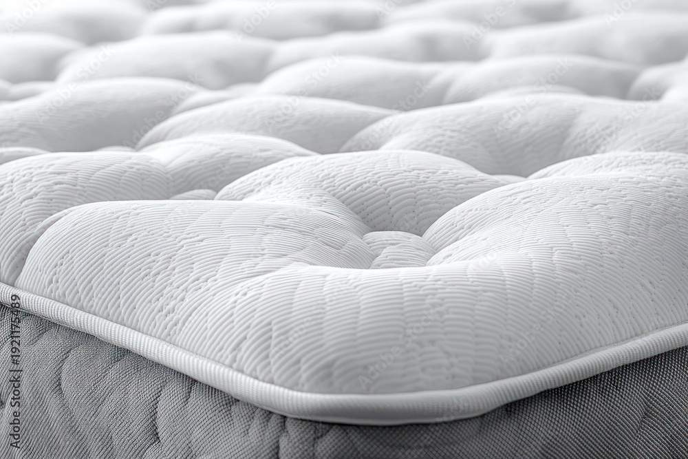 Fototapeta premium close-up of a tufted white mattress topper and gray mattress side, plush quilted surface with stitched piping inviting cozy comfort and restful relaxation