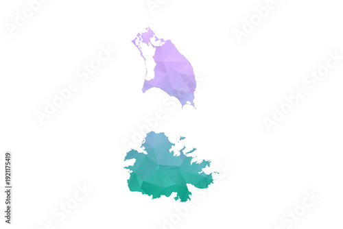 Antigua and Barbuda Map Polygon Style Vector Illustration in Purple and Cyan Gradient, Low Poly Geometric Design, Isolated on White Background for Infographics and Projects.