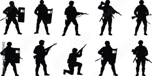 Military riot police and army soldier silhouettes set, armed tactical security forces with shield and rifle in combat poses