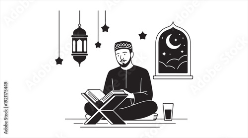 Muslim Worshipper Reading Quran at Night with Islamic Lantern and Crescent Moon Silhouette