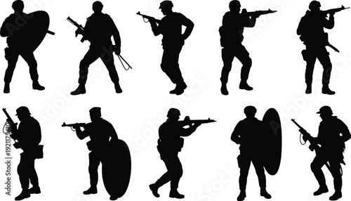 Military soldier silhouettes collection, armed tactical army forces in combat action poses, defense security team black vector isolated on white