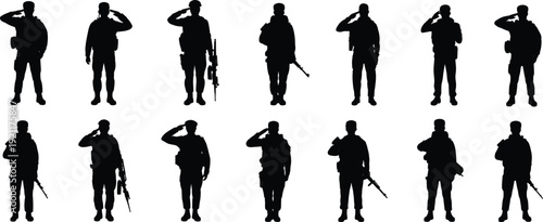 Military soldiers saluting silhouettes set, armed army personnel with rifles standing in respect isolated black vector collection