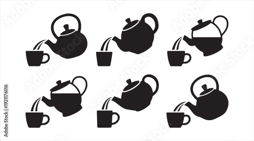 Black Tea Kettle and Mug Icon Set Isolated Beverage Silhouette Illustration