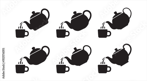 Teapot Pouring Tea Silhouette Icons with Cup Collection for Cafe and Kitchen Design